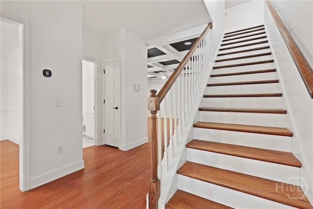 90 Golden Rod Loop, Richmond Hill, GA 31324 - stairway featuring wood finished floors, a ceiling fan, baseboards, and coffered ceiling