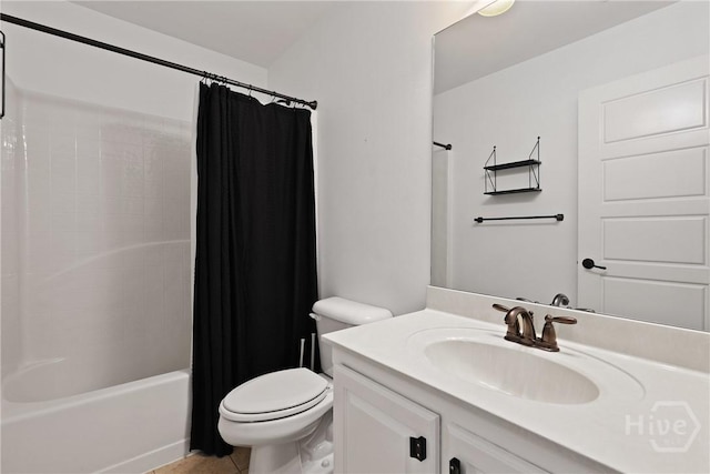 90 Golden Rod Loop, Richmond Hill, GA 31324 - full bath featuring toilet, vanity, shower / bathtub combination with curtain, and tile patterned floors