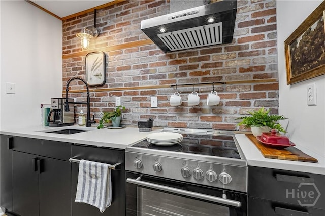 321 Abercorn St Unit 404, Savannah, GA 31401 - kitchen featuring stainless steel electric range oven, exhaust hood, light countertops, a sink, and dark cabinetry