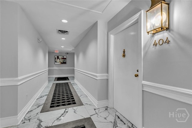 321 Abercorn St Unit 404, Savannah, GA 31401 - corridor featuring marble look tiles, recessed lighting, and baseboards