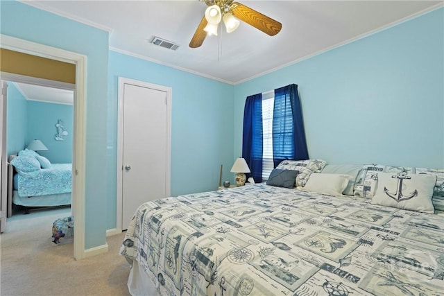 3010 Leonard St, Savannah, GA 31404 - bedroom featuring carpet, crown molding, baseboards, and a ceiling fan