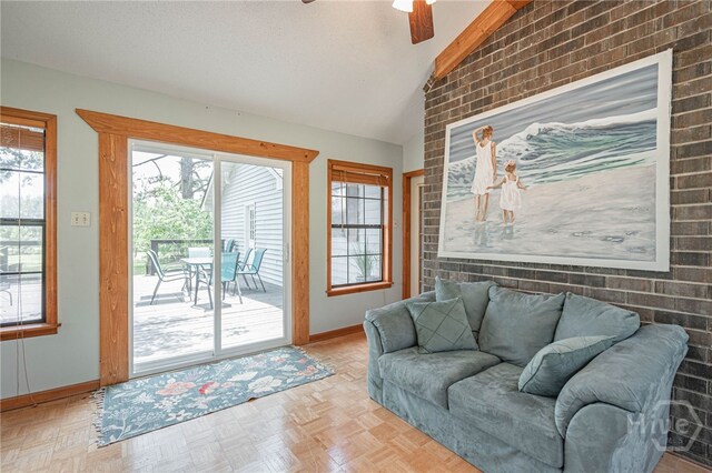 116 Deerfield Dr, Springfield, GA 31329 - living room with lofted ceiling, ceiling fan, and baseboards