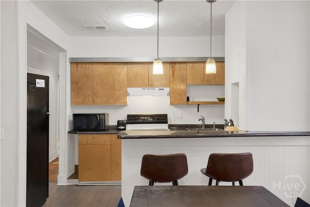 117 Lincoln St Unit 4A, Savannah, GA 31401 - kitchen with under cabinet range hood, black microwave, a sink, stove, and dark wood-style flooring