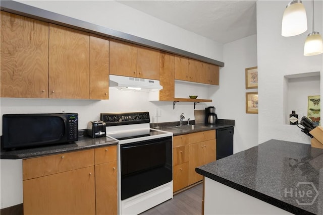 117 Lincoln St Unit 4A, Savannah, GA 31401 - kitchen with black appliances, under cabinet range hood, a sink, open shelves, and wood finished floors