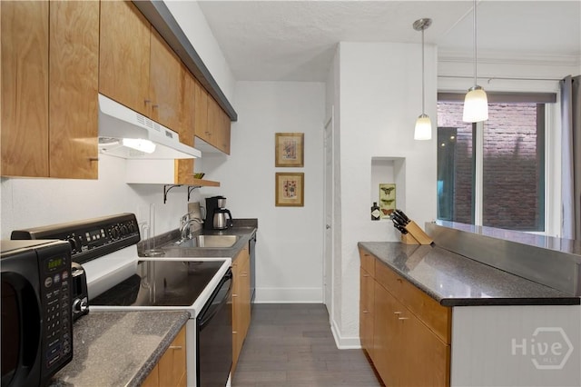 117 Lincoln St Unit 4A, Savannah, GA 31401 - kitchen with range with electric stovetop, under cabinet range hood, a sink, baseboards, and dark wood finished floors