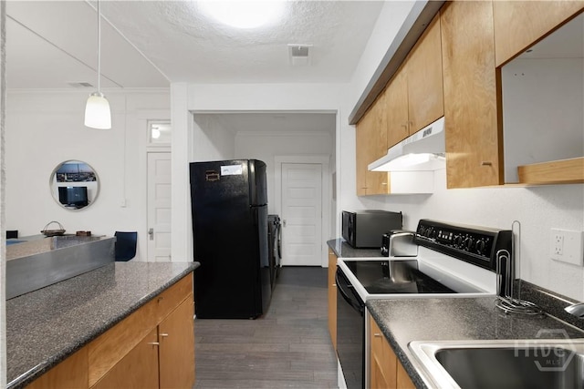 117 Lincoln St Unit 4A, Savannah, GA 31401 - kitchen with freestanding refrigerator, under cabinet range hood, range with electric stovetop, dark wood-style floors, and ornamental molding