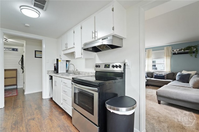 622 Northbrook Rd, Savannah, GA 31419 - kitchen featuring under cabinet range hood, stainless steel electric range oven, white cabinetry, light countertops, and a sink