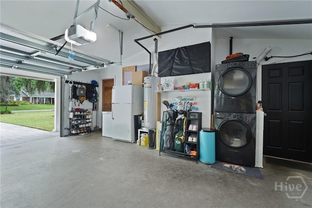 622 Northbrook Rd, Savannah, GA 31419 - garage with freestanding refrigerator, estacked washer and dryer, a garage door opener, and water heater