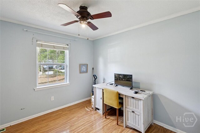 1613 Rosewood Dr, Savannah, GA 31406 - home office featuring crown molding, light wood-type flooring, baseboards, and ceiling fan