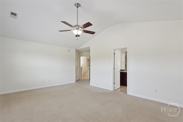 133 Spring Lakes Dr, Savannah, GA 31407 - unfurnished bedroom featuring baseboards, light colored carpet, ensuite bath, ceiling fan, and high vaulted ceiling