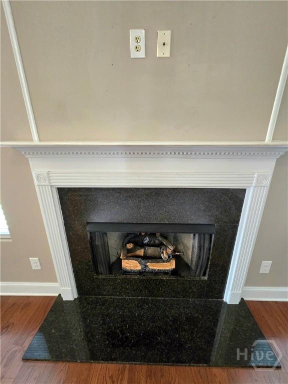 6 Sagefield Dr, Ellabell, GA 31308 - detailed view of a fireplace with flush hearth, wood finished floors, and baseboards