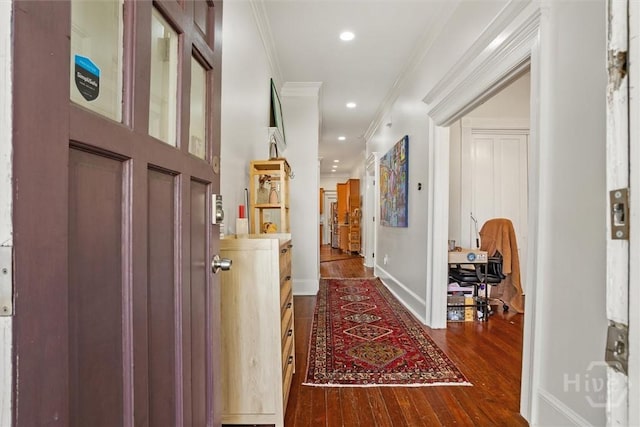 1722/1724 Barnard St, Savannah, GA 31401 - corridor featuring dark wood-style floors, crown molding, baseboards, and recessed lighting