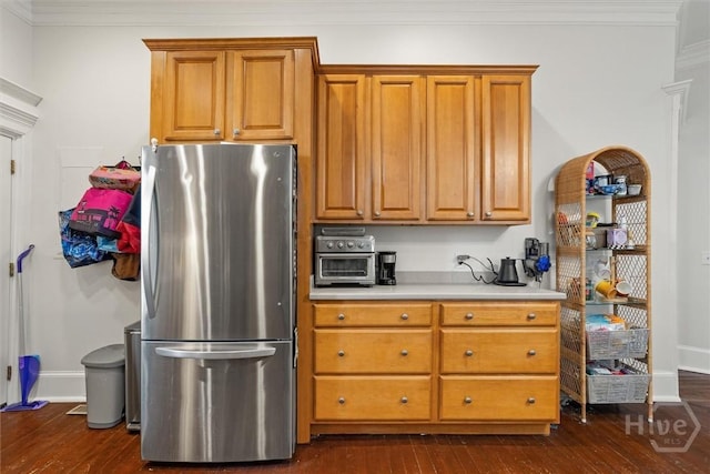 1722/1724 Barnard St, Savannah, GA 31401 - kitchen featuring freestanding refrigerator, dark wood-style floors, baseboards, light countertops, and crown molding