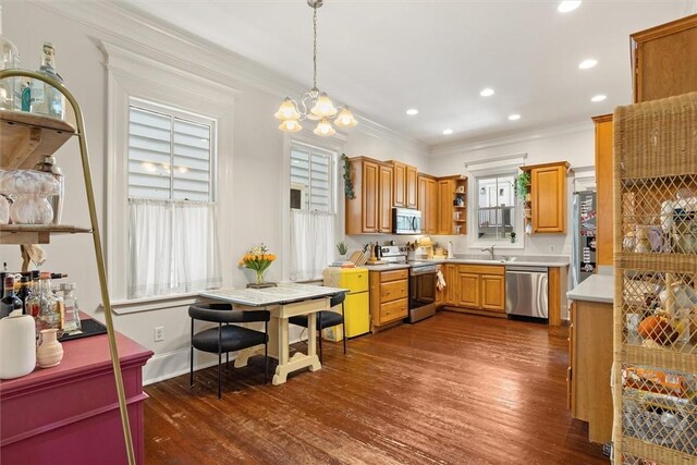 1722/1724 Barnard St, Savannah, GA 31401 - kitchen featuring stainless steel appliances, a sink, ornamental molding, a chandelier, and dark wood-style flooring