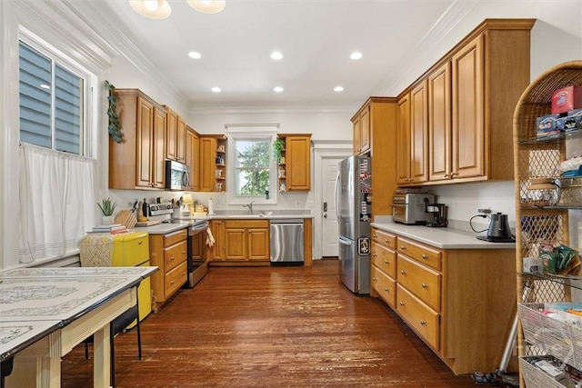 1722/1724 Barnard St, Savannah, GA 31401 - kitchen with stainless steel appliances, a sink, dark wood-style flooring, crown molding, and light countertops