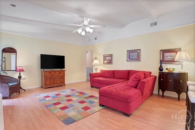 1 Black Forest Dr, Savannah, GA 31410 - living area featuring light wood finished floors, a ceiling fan, beam ceiling, and baseboards
