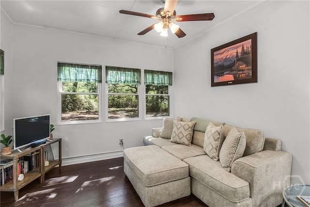 737 Te Glisson Rd, Ellabell, GA 31308 - living area with healthy amount of natural light, dark wood-type flooring, ceiling fan, crown molding, and baseboards