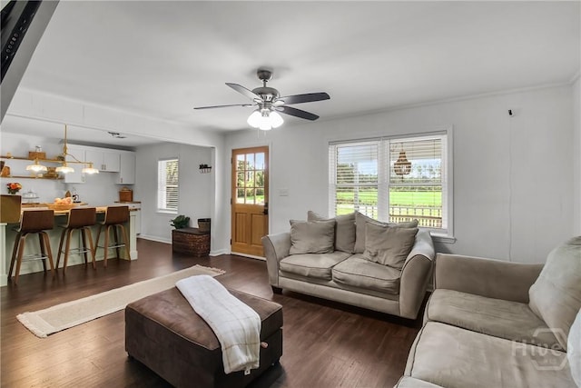 737 Te Glisson Rd, Ellabell, GA 31308 - living area featuring dark wood-style floors, a ceiling fan, and baseboards