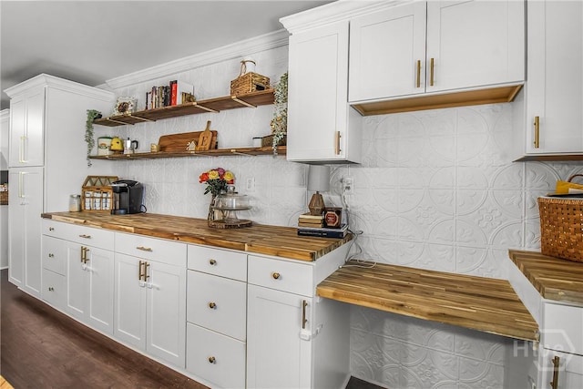 737 Te Glisson Rd, Ellabell, GA 31308 - kitchen with wooden counters, tasteful backsplash, white cabinets, and open shelves