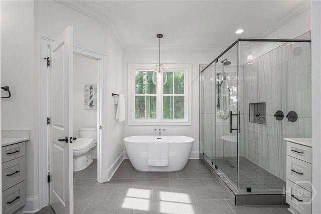 124 Kent Trl, Pooler, GA 31322 - bathroom with vanity, a shower stall, ornamental molding, toilet, and baseboards