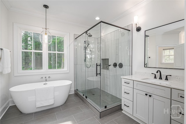 124 Kent Trl, Pooler, GA 31322 - full bathroom featuring a shower stall, a freestanding tub, tile patterned floors, vanity, and baseboards