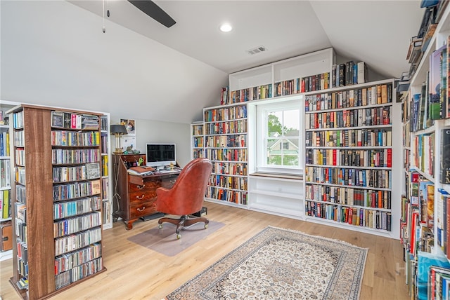 124 Kent Trl, Pooler, GA 31322 - office area with bookshelves, vaulted ceiling, wood finished floors, ceiling fan, and recessed lighting