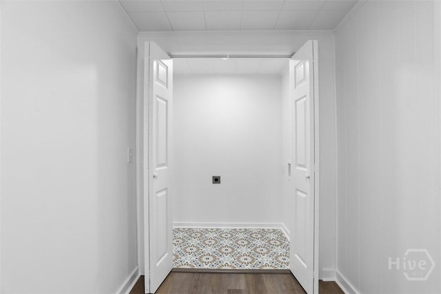 72 Bazemore Ave, Savannah, GA 31408 - laundry room with hookup for an electric dryer, dark wood-type flooring, baseboards, ornamental molding, and attic access