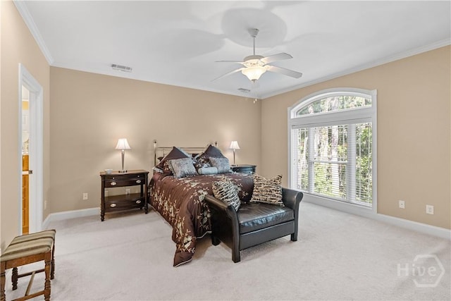 204 River Oaks Dr, Richmond Hill, GA 31324 - bedroom featuring ornamental molding, light carpet, baseboards, and ceiling fan
