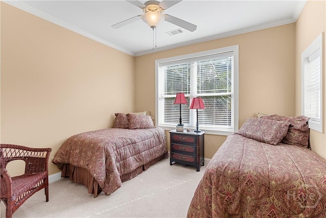 204 River Oaks Dr, Richmond Hill, GA 31324 - carpeted bedroom featuring multiple windows, crown molding, baseboards, and ceiling fan