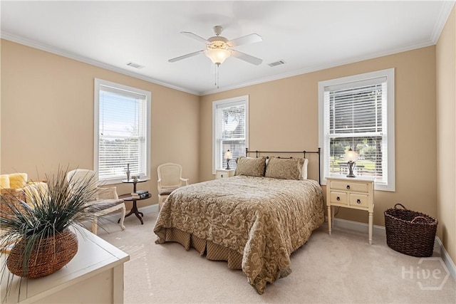 204 River Oaks Dr, Richmond Hill, GA 31324 - bedroom featuring baseboards, light carpet, crown molding, and a ceiling fan