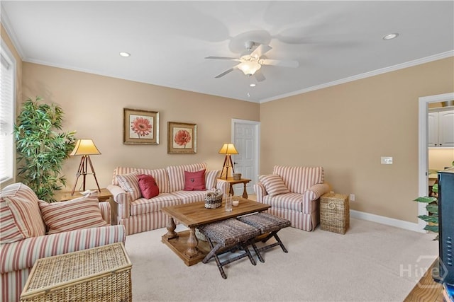 204 River Oaks Dr, Richmond Hill, GA 31324 - carpeted living area with a ceiling fan, crown molding, baseboards, and recessed lighting