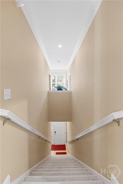 204 River Oaks Dr, Richmond Hill, GA 31324 - staircase featuring ornamental molding, baseboards, and carpet