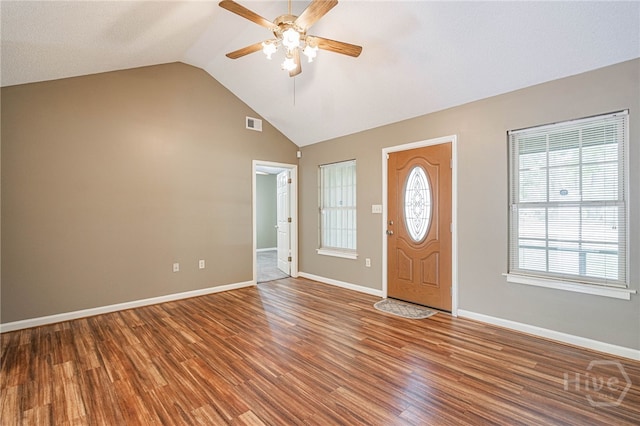 145 New Stillwell Rd, Springfield, GA 31329 - entrance foyer with ceiling fan, lofted ceiling, wood finished floors, and baseboards
