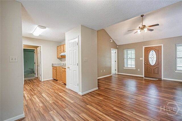 145 New Stillwell Rd, Springfield, GA 31329 - entrance foyer with a ceiling fan, wood finished floors, baseboards, lofted ceiling, and a textured ceiling