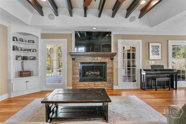 6 Cutty Sark Rd, Savannah, GA 31410 - living area featuring a fireplace, wood finished floors, beam ceiling, built in features, and crown molding