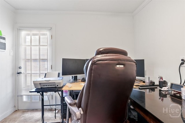1409 Bellview Dr, Savannah, GA 31406 - office area featuring crown molding, baseboards, and carpet floors