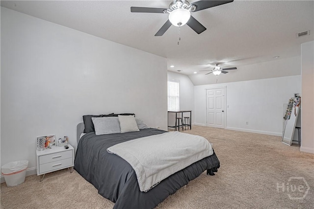 bedroom with light colored carpet, baseboards, lofted ceiling, and a ceiling fan