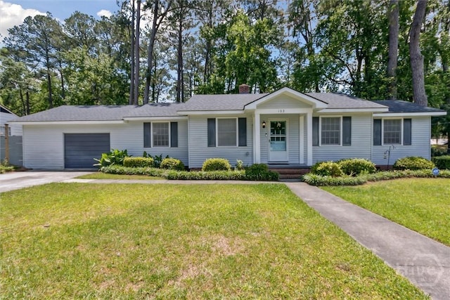 103 Pine Valley Rd, Savannah, GA 31404 - single story home with a garage, concrete driveway, a front lawn, and a chimney