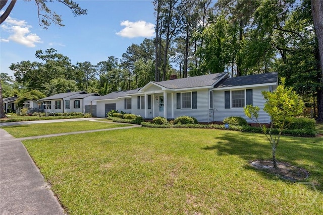 103 Pine Valley Rd, Savannah, GA 31404 - ranch-style house featuring an attached garage, driveway, a front yard, and a chimney