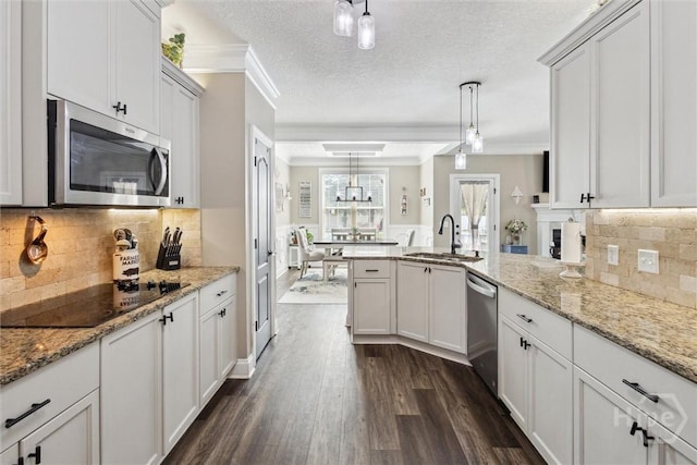 110 Vintage Dr, Guyton, GA 31312 - kitchen with appliances with stainless steel finishes, a sink, ornamental molding, dark wood finished floors, and a peninsula