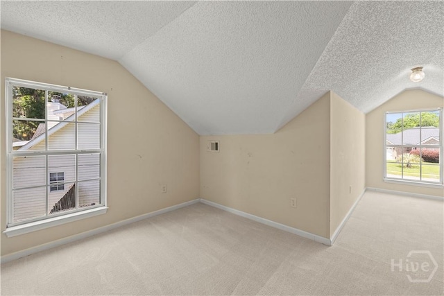 25 Ashley Ct, Richmond Hill, GA 31324 - additional living space with a textured ceiling, lofted ceiling, light colored carpet, and baseboards
