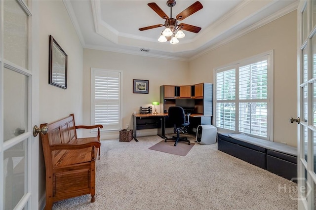 354 Brown Thrush Rd, Savannah, GA 31419 - office space featuring carpet flooring, ornamental molding, a tray ceiling, a ceiling fan, and french doors
