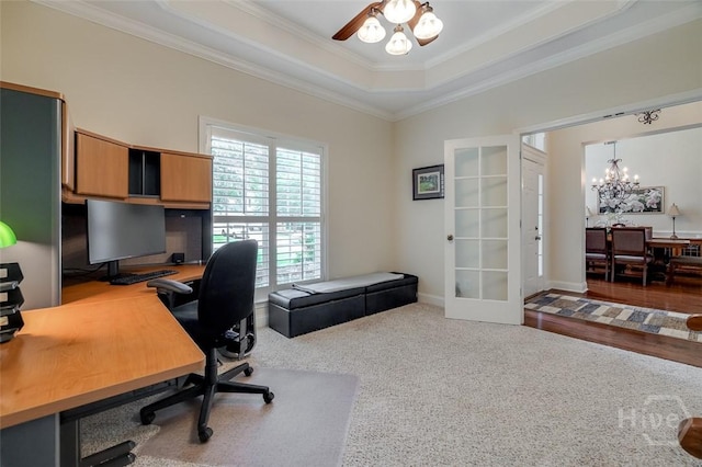 354 Brown Thrush Rd, Savannah, GA 31419 - carpeted home office with crown molding, a chandelier, french doors, a ceiling fan, and a tray ceiling
