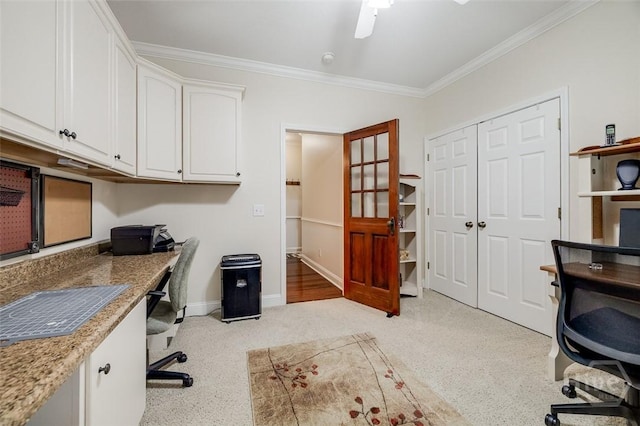 354 Brown Thrush Rd, Savannah, GA 31419 - office space featuring ornamental molding, a ceiling fan, baseboards, and light colored carpet