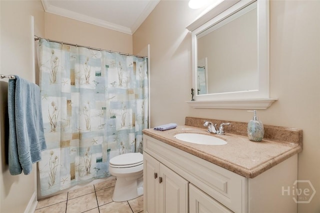 354 Brown Thrush Rd, Savannah, GA 31419 - full bath featuring crown molding, toilet, tile patterned floors, vanity, and curtained shower