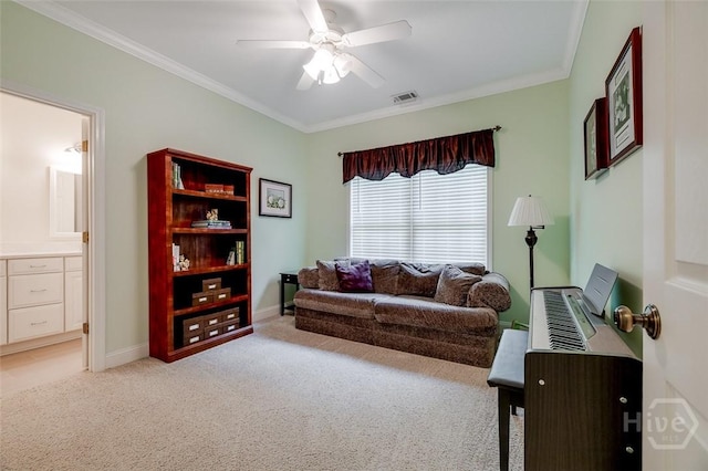 354 Brown Thrush Rd, Savannah, GA 31419 - living area with light carpet, ornamental molding, a ceiling fan, and baseboards