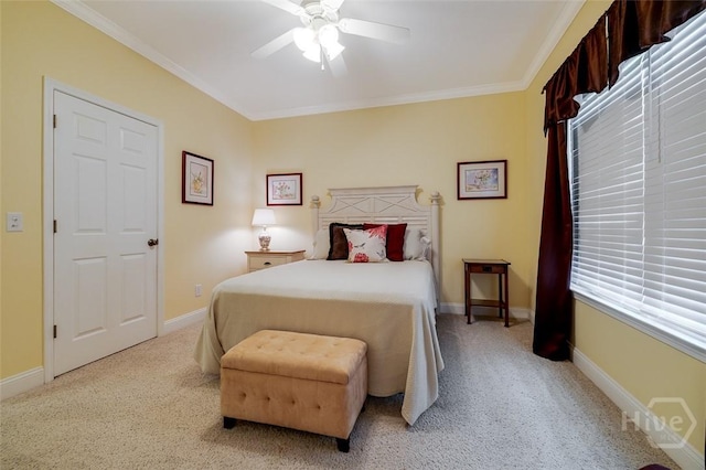 354 Brown Thrush Rd, Savannah, GA 31419 - bedroom featuring light carpet, ornamental molding, a ceiling fan, and baseboards