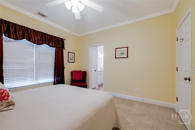 354 Brown Thrush Rd, Savannah, GA 31419 - bedroom featuring crown molding, light colored carpet, baseboards, a ceiling fan, and ensuite bath
