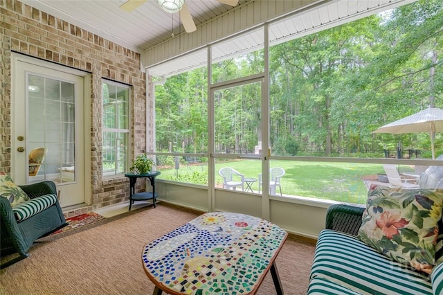 354 Brown Thrush Rd, Savannah, GA 31419 - sunroom with a ceiling fan and a view of trees