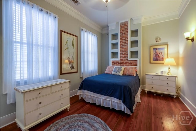 120 Brady St, Savannah, GA 31401 - bedroom with baseboards, hardwood / wood-style floors, crown molding, and a ceiling fan